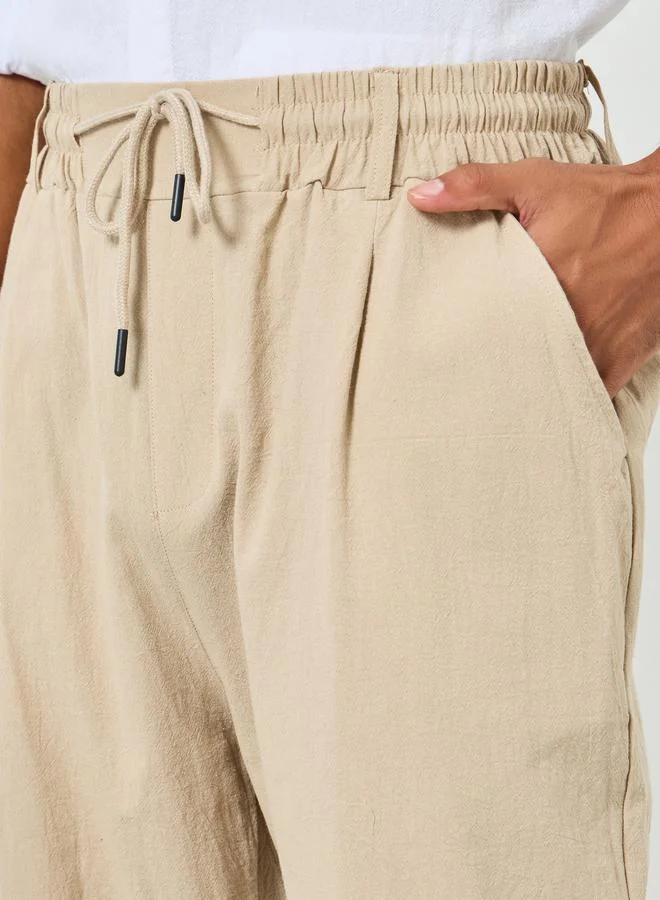 Take Two Men Beige Linen Blend Relaxed Fit Trousers